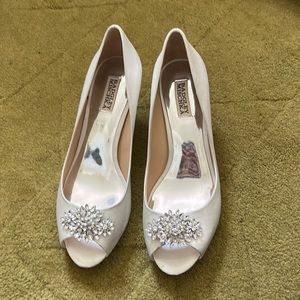 Badgley Mischka white silk peep toe wedding shoes, embellishment